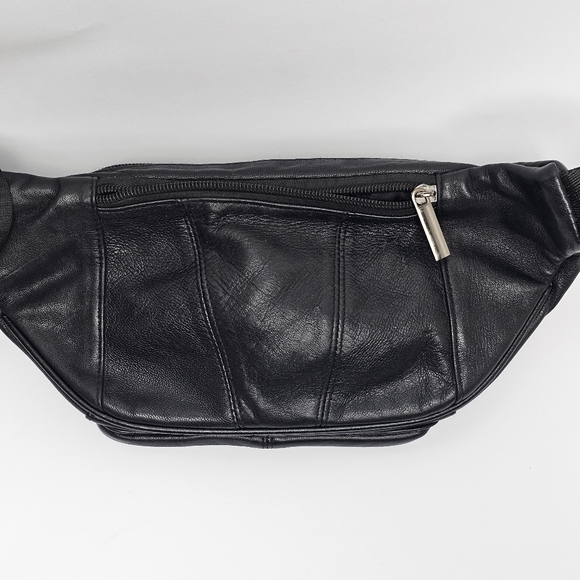 Vintage Black Leather Waist Bag with Adjustable Nylon Belt, Push Buckle, EUC - Picture 5 of 8